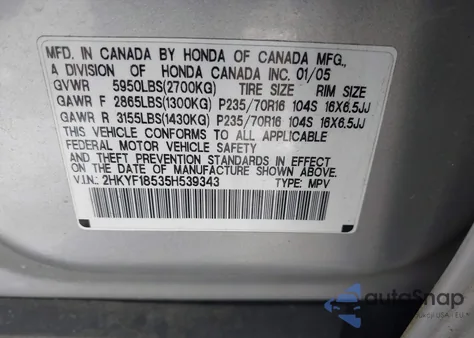2005 Honda Pilot Ex-L z USA, uszkodzony, nr VIN 2HKYF18535H539343
